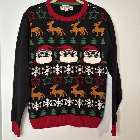 Women's Ugly Christmas Sweater‎ Black w Santa Reindeer and Snowflakes Size Large - Picture 1 of 5